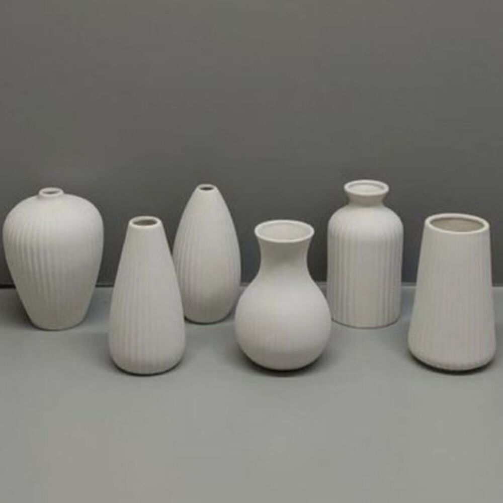 6'' Boho White Ceramic Ribbed Vases Assorted Shapes Set of 6